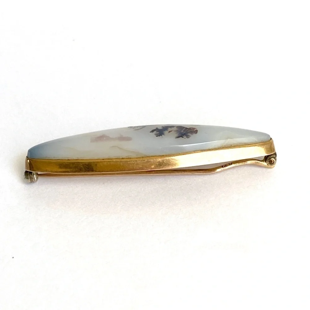 14K Gold Agate Brooch Montana‎ Moss Antique Vintage Art Deco 40s 50s Stone Pin